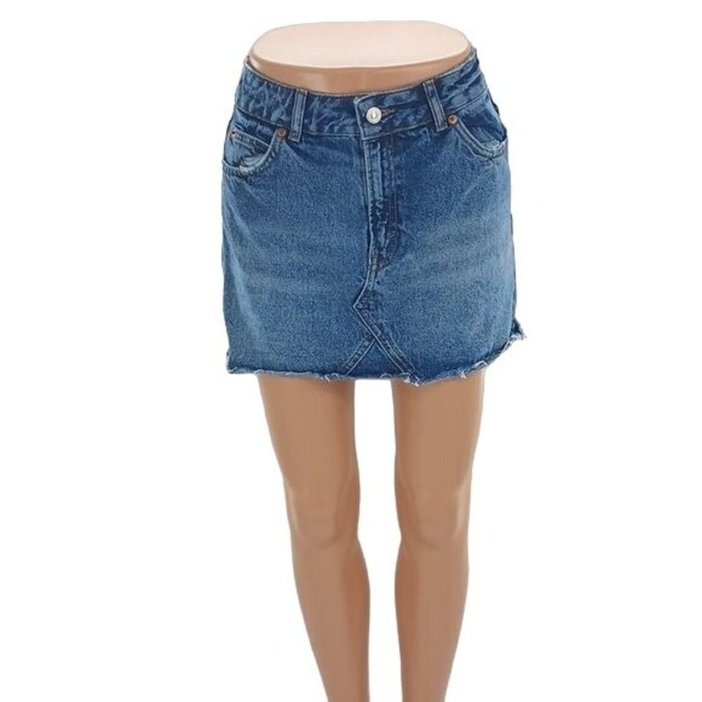 Topshop Moto Womens Denim Mini Skirt Raw Hem Frayed Blue Jean Size 4
